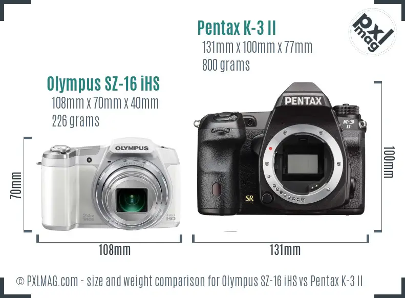 Olympus SZ-16 iHS vs Pentax K-3 II size comparison