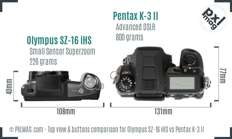 Olympus SZ-16 iHS vs Pentax K-3 II top view buttons comparison