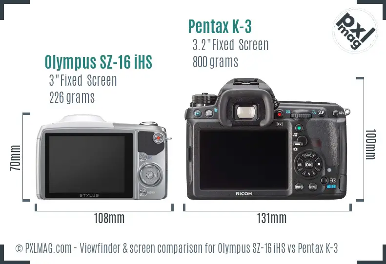 Olympus SZ-16 iHS vs Pentax K-3 Screen and Viewfinder comparison