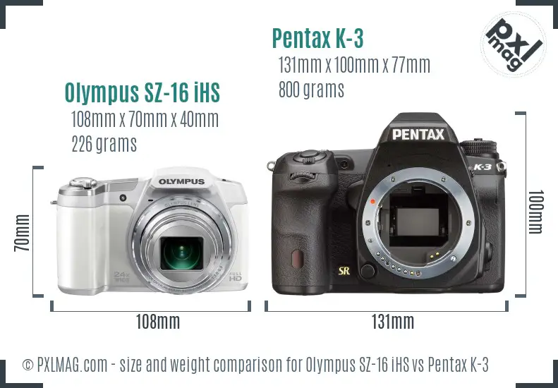 Olympus SZ-16 iHS vs Pentax K-3 size comparison