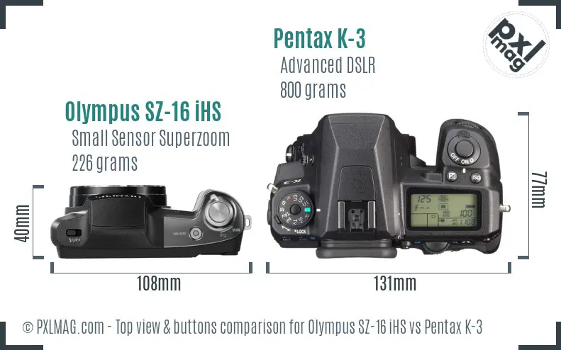 Olympus SZ-16 iHS vs Pentax K-3 top view buttons comparison