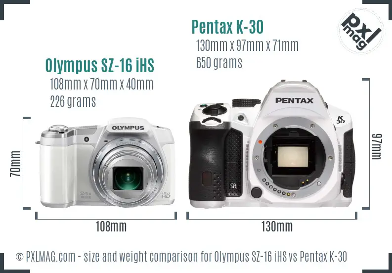 Olympus SZ-16 iHS vs Pentax K-30 size comparison