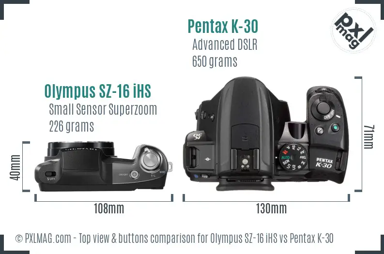 Olympus SZ-16 iHS vs Pentax K-30 top view buttons comparison