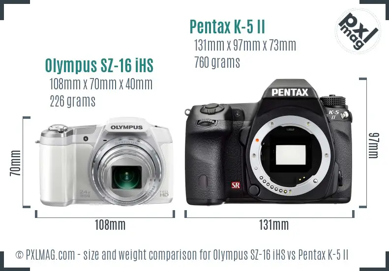 Olympus SZ-16 iHS vs Pentax K-5 II size comparison