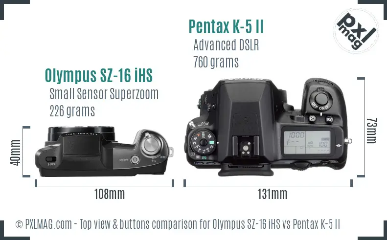 Olympus SZ-16 iHS vs Pentax K-5 II top view buttons comparison