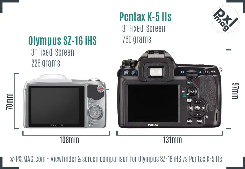 Olympus SZ-16 iHS vs Pentax K-5 IIs Screen and Viewfinder comparison