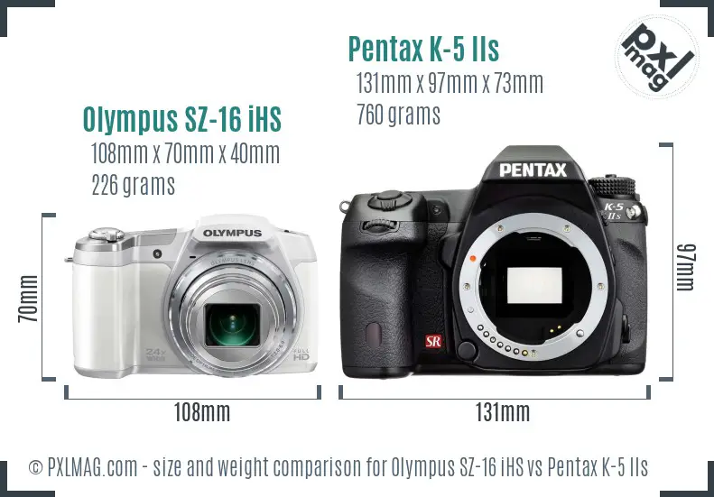 Olympus SZ-16 iHS vs Pentax K-5 IIs size comparison