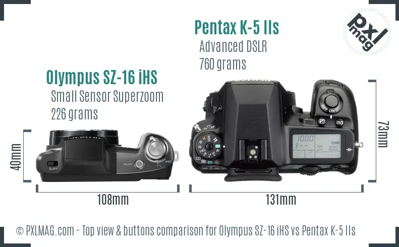 Olympus SZ-16 iHS vs Pentax K-5 IIs top view buttons comparison