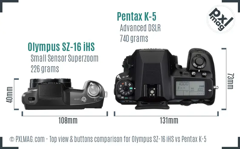 Olympus SZ-16 iHS vs Pentax K-5 top view buttons comparison