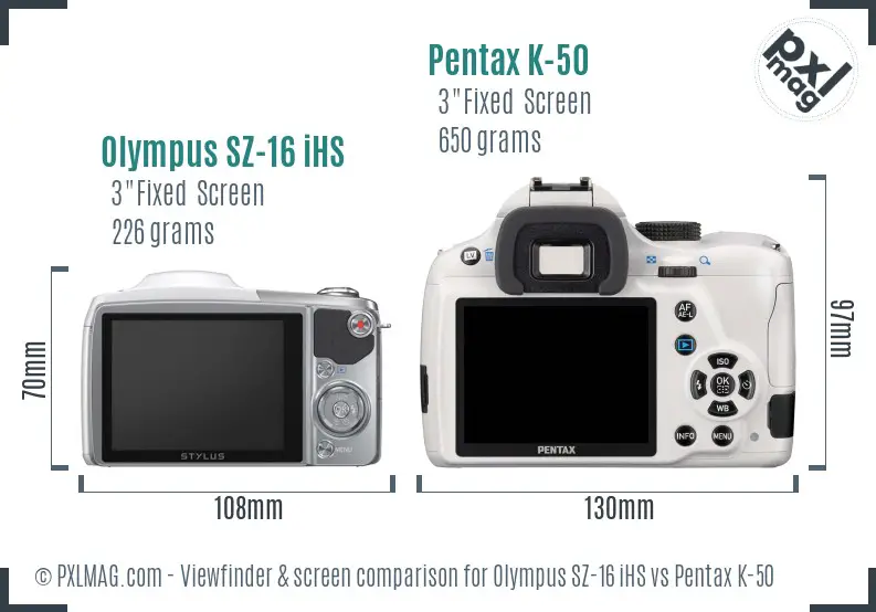 Olympus SZ-16 iHS vs Pentax K-50 Screen and Viewfinder comparison