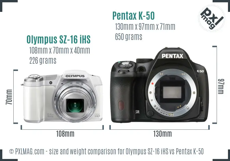 Olympus SZ-16 iHS vs Pentax K-50 size comparison