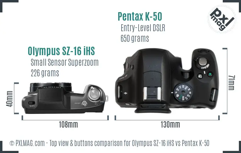Olympus SZ-16 iHS vs Pentax K-50 top view buttons comparison
