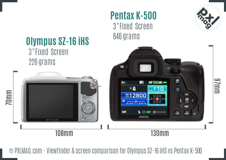 Olympus SZ-16 iHS vs Pentax K-500 Screen and Viewfinder comparison