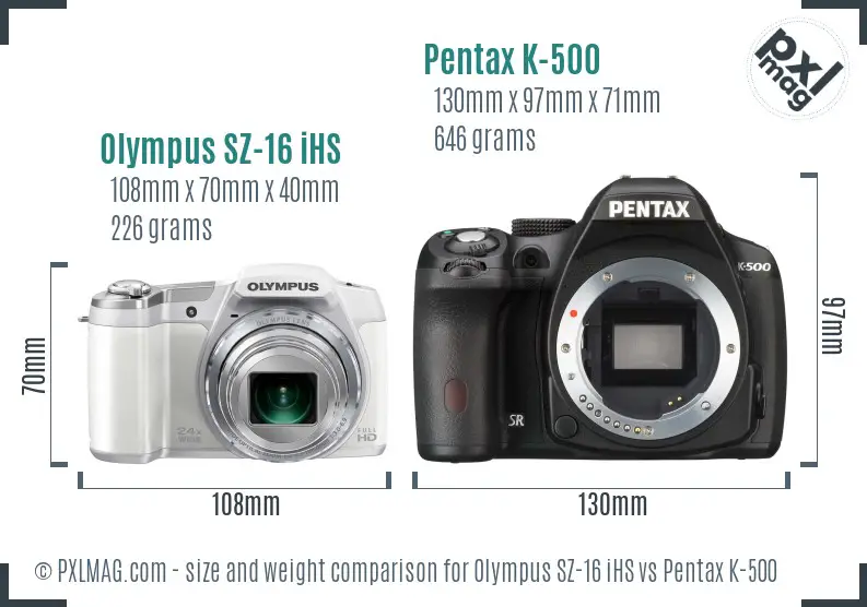 Olympus SZ-16 iHS vs Pentax K-500 size comparison