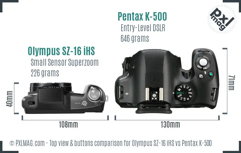 Olympus SZ-16 iHS vs Pentax K-500 top view buttons comparison