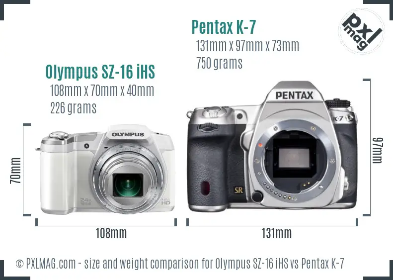 Olympus SZ-16 iHS vs Pentax K-7 size comparison