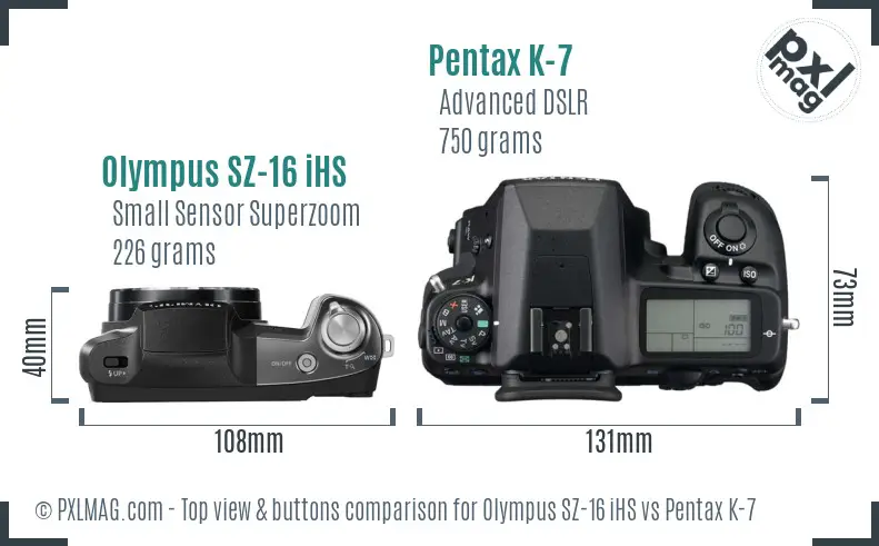 Olympus SZ-16 iHS vs Pentax K-7 top view buttons comparison