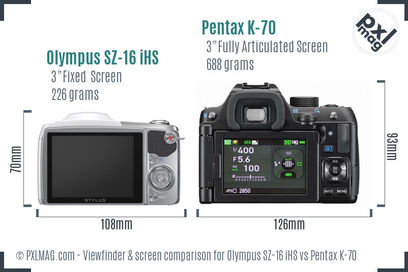 Olympus SZ-16 iHS vs Pentax K-70 Screen and Viewfinder comparison