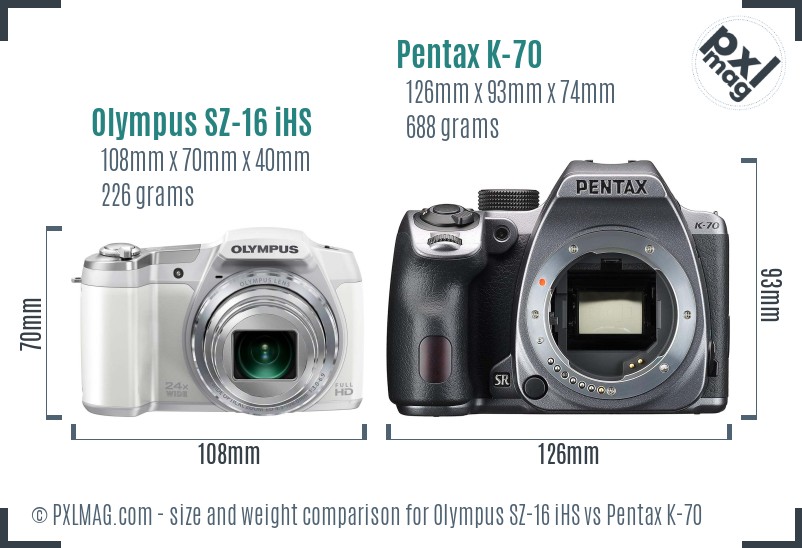 Olympus SZ-16 iHS vs Pentax K-70 size comparison