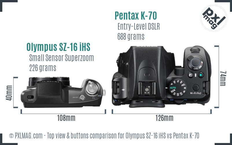 Olympus SZ-16 iHS vs Pentax K-70 top view buttons comparison