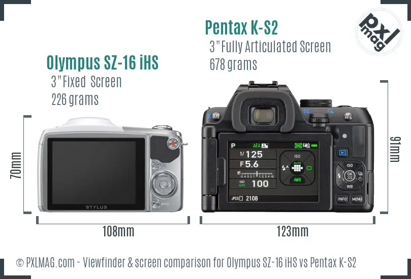 Olympus SZ-16 iHS vs Pentax K-S2 Screen and Viewfinder comparison