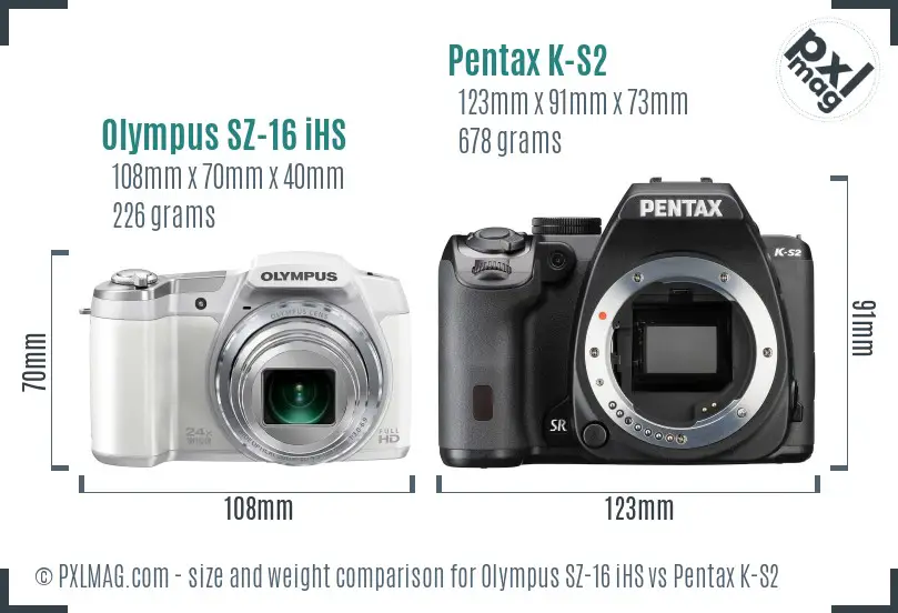 Olympus SZ-16 iHS vs Pentax K-S2 size comparison