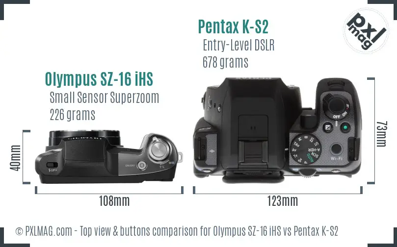 Olympus SZ-16 iHS vs Pentax K-S2 top view buttons comparison