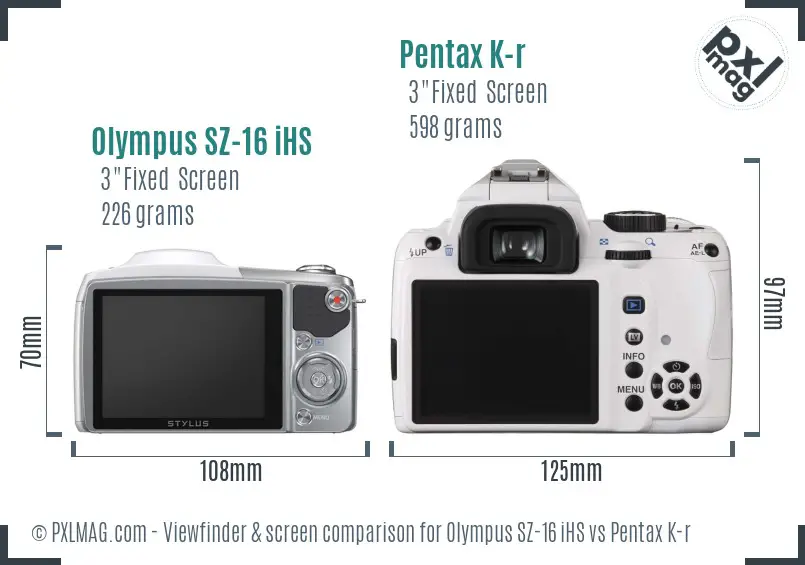 Olympus SZ-16 iHS vs Pentax K-r Screen and Viewfinder comparison