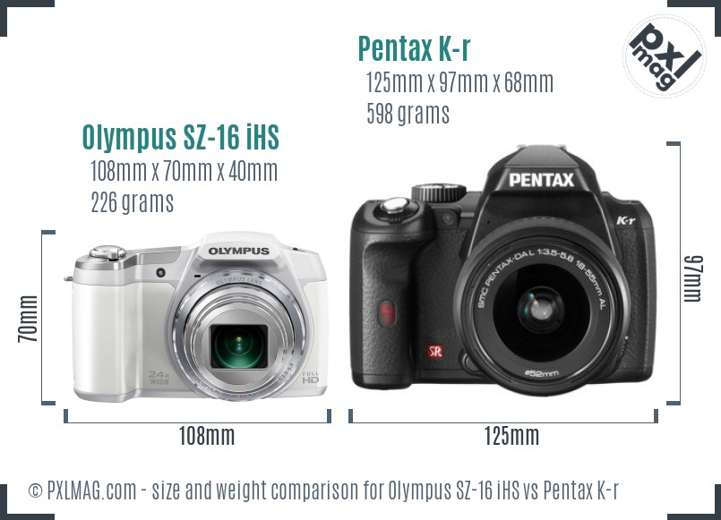 Olympus SZ-16 iHS vs Pentax K-r size comparison