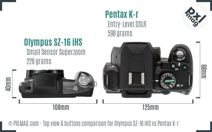 Olympus SZ-16 iHS vs Pentax K-r top view buttons comparison