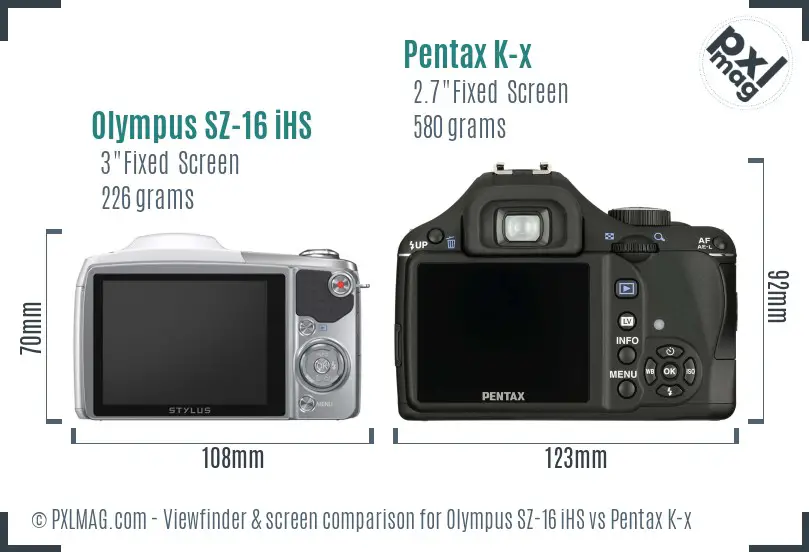 Olympus SZ-16 iHS vs Pentax K-x Screen and Viewfinder comparison
