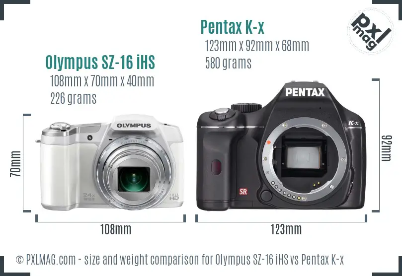 Olympus SZ-16 iHS vs Pentax K-x size comparison