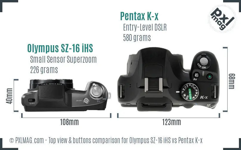 Olympus SZ-16 iHS vs Pentax K-x top view buttons comparison