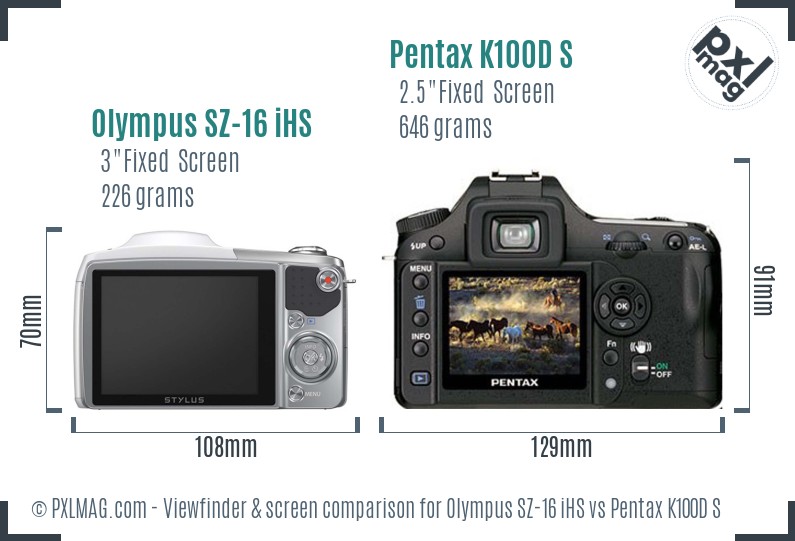 Olympus SZ-16 iHS vs Pentax K100D S Screen and Viewfinder comparison