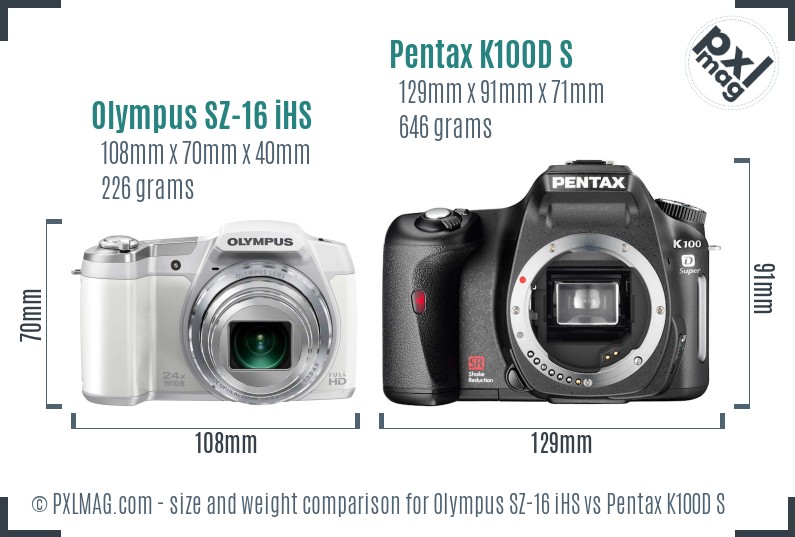 Olympus SZ-16 iHS vs Pentax K100D S size comparison