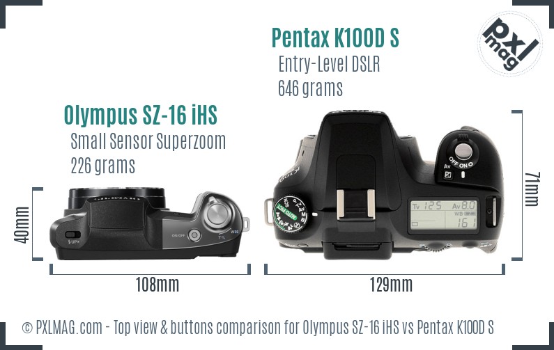 Olympus SZ-16 iHS vs Pentax K100D S top view buttons comparison