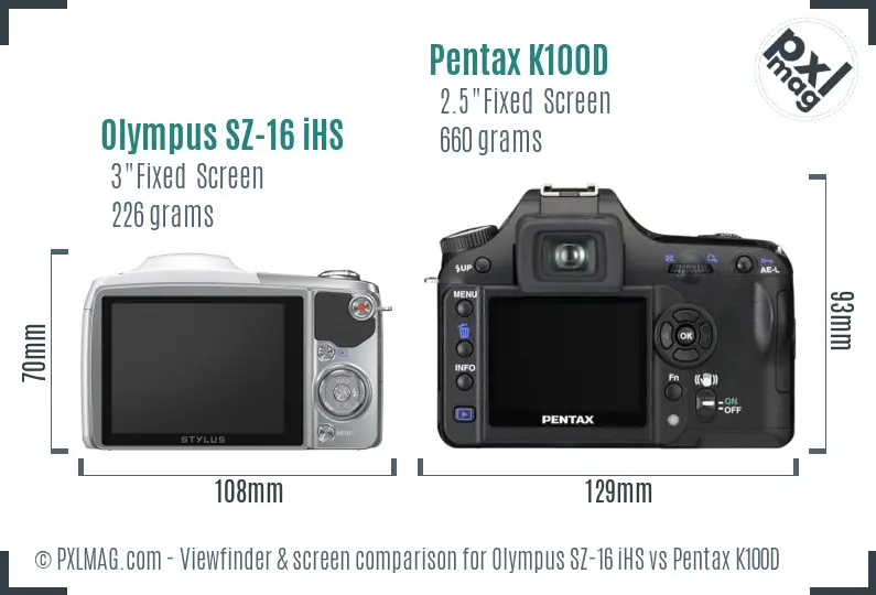 Olympus SZ-16 iHS vs Pentax K100D Screen and Viewfinder comparison