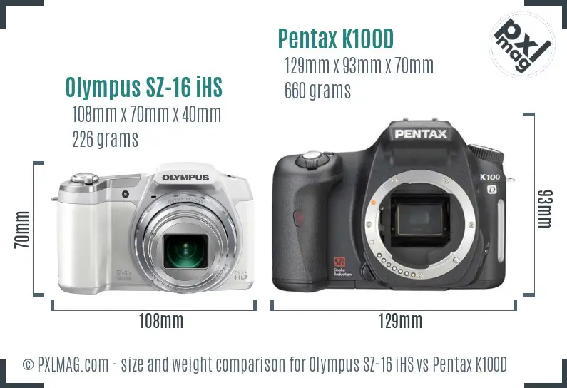Olympus SZ-16 iHS vs Pentax K100D size comparison