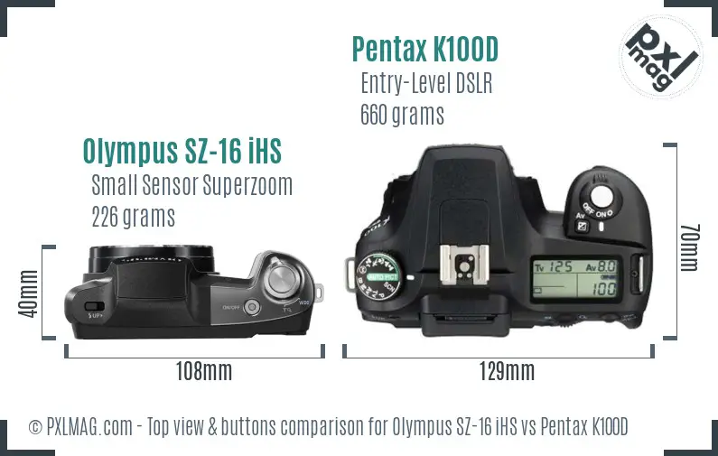Olympus SZ-16 iHS vs Pentax K100D top view buttons comparison