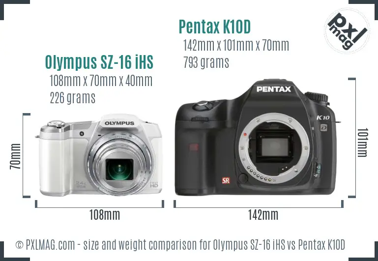 Olympus SZ-16 iHS vs Pentax K10D size comparison