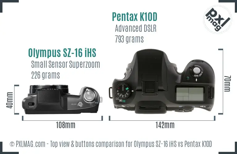 Olympus SZ-16 iHS vs Pentax K10D top view buttons comparison