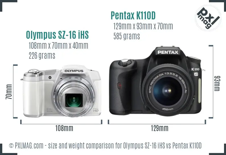 Olympus SZ-16 iHS vs Pentax K110D size comparison