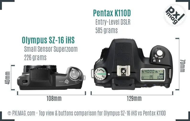 Olympus SZ-16 iHS vs Pentax K110D top view buttons comparison