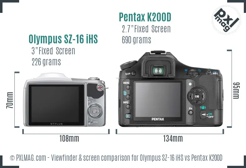 Olympus SZ-16 iHS vs Pentax K200D Screen and Viewfinder comparison