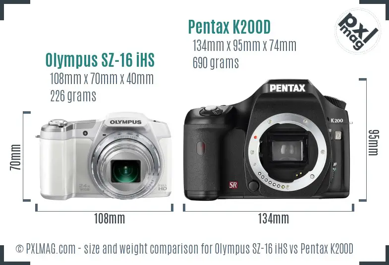 Olympus SZ-16 iHS vs Pentax K200D size comparison