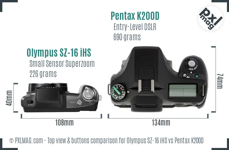 Olympus SZ-16 iHS vs Pentax K200D top view buttons comparison