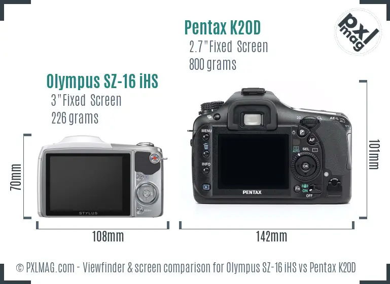 Olympus SZ-16 iHS vs Pentax K20D Screen and Viewfinder comparison