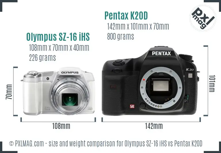 Olympus SZ-16 iHS vs Pentax K20D size comparison