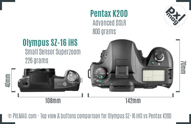 Olympus SZ-16 iHS vs Pentax K20D top view buttons comparison