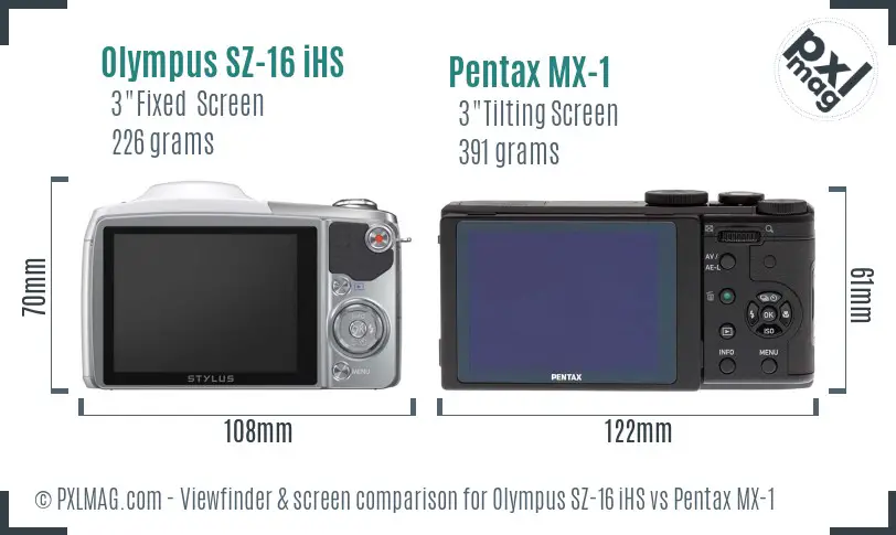 Olympus SZ-16 iHS vs Pentax MX-1 Screen and Viewfinder comparison